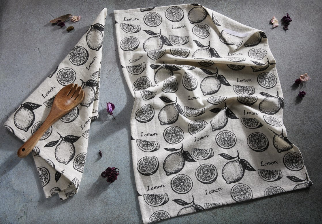 Premium Cotton Printed Towels - Lemon Print Set of 2 Kitchen Towels - 100 % Cotton - Ivory / Black